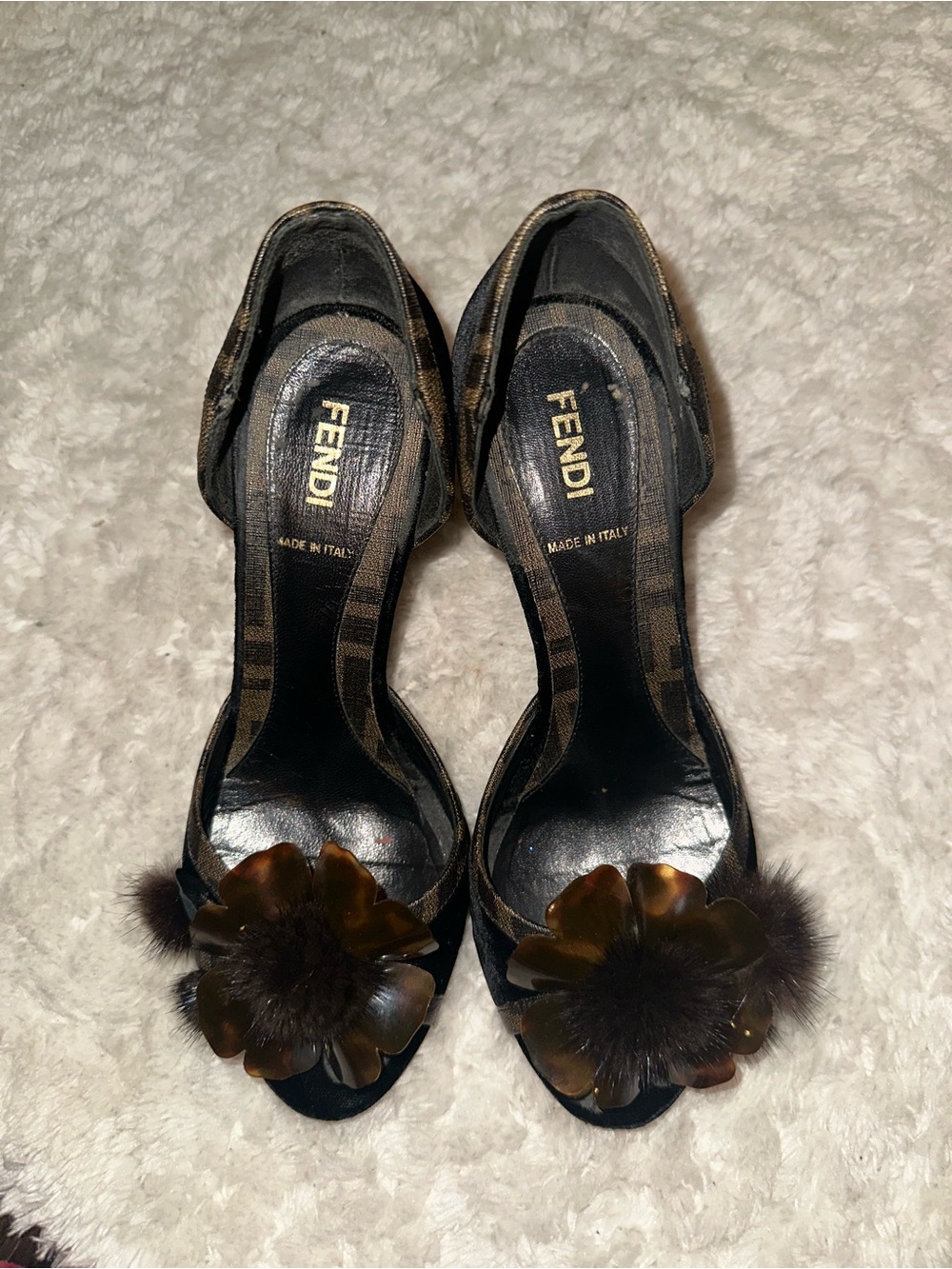 Fendi Black and Brown Floral fur Open-Toe Heels